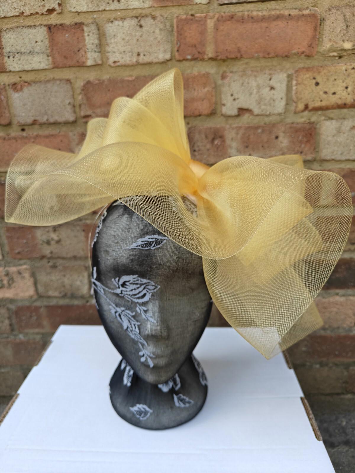 Gold yellow fascinator millinery burlesque headband wedding hat ascot race