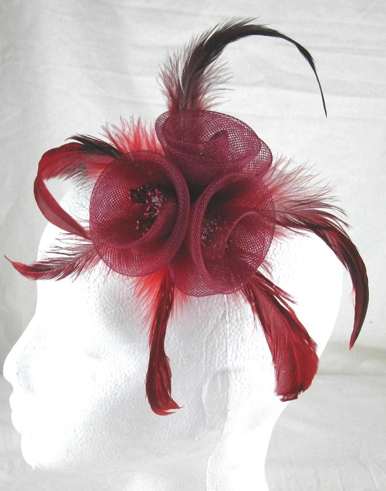 dark red fascinator millinery feather brooch clip wedding hair piece ascot