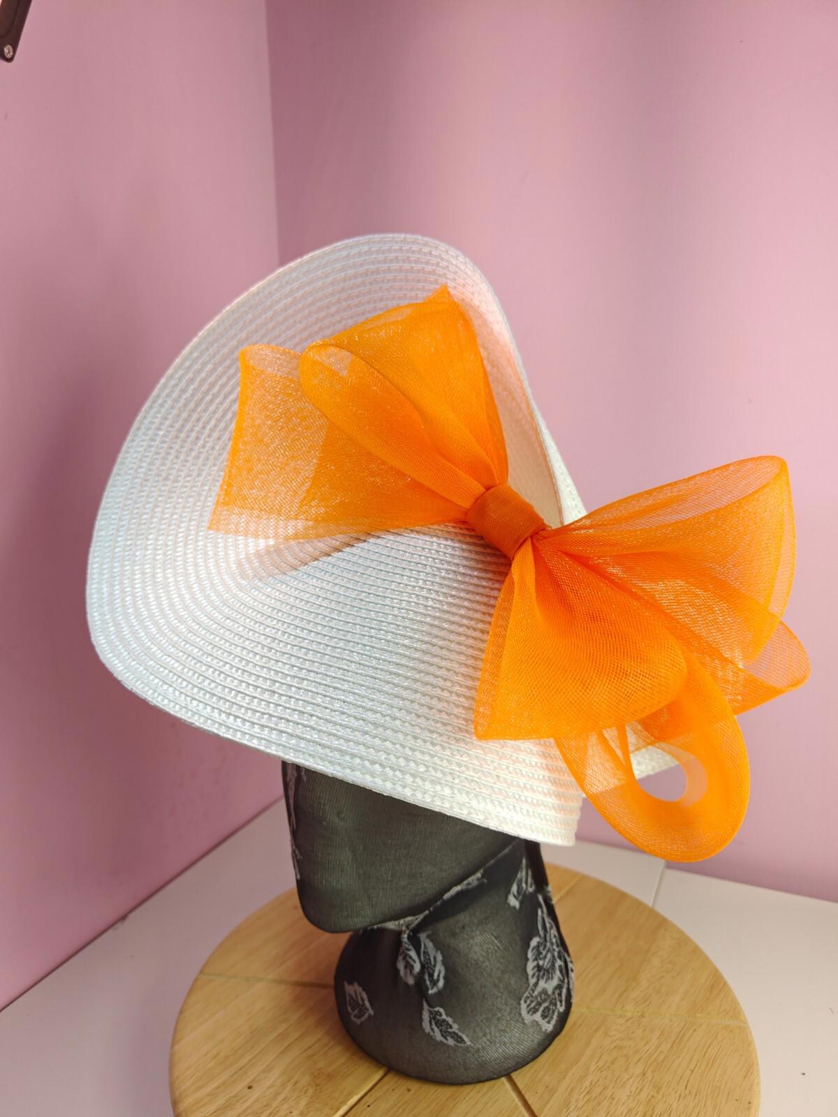 white orange large straw fascinator wedding hat Kentucky Derby Royal Ascot