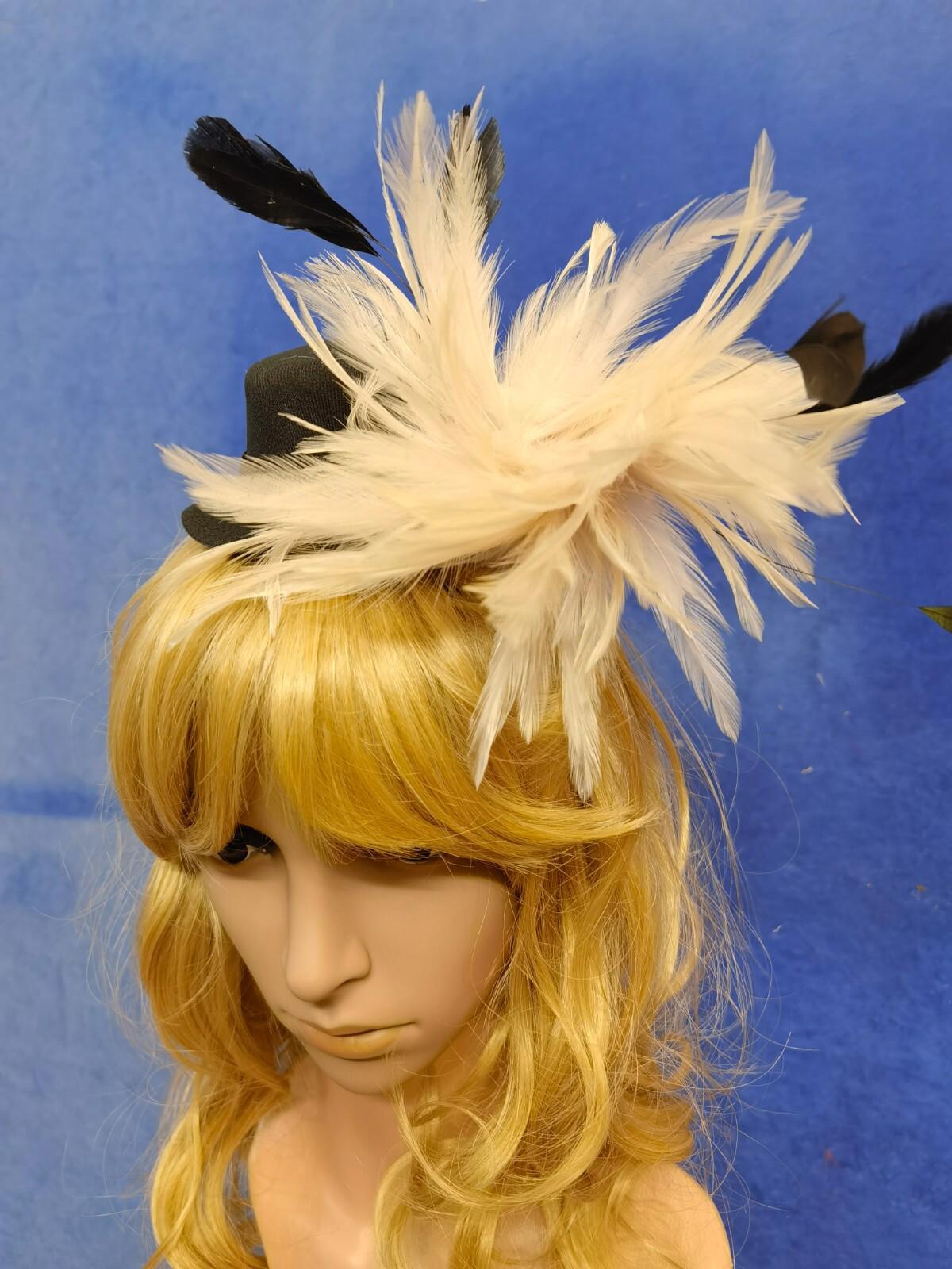 Cream black feather mini top hat fascinator millinery burlesque wedding 1