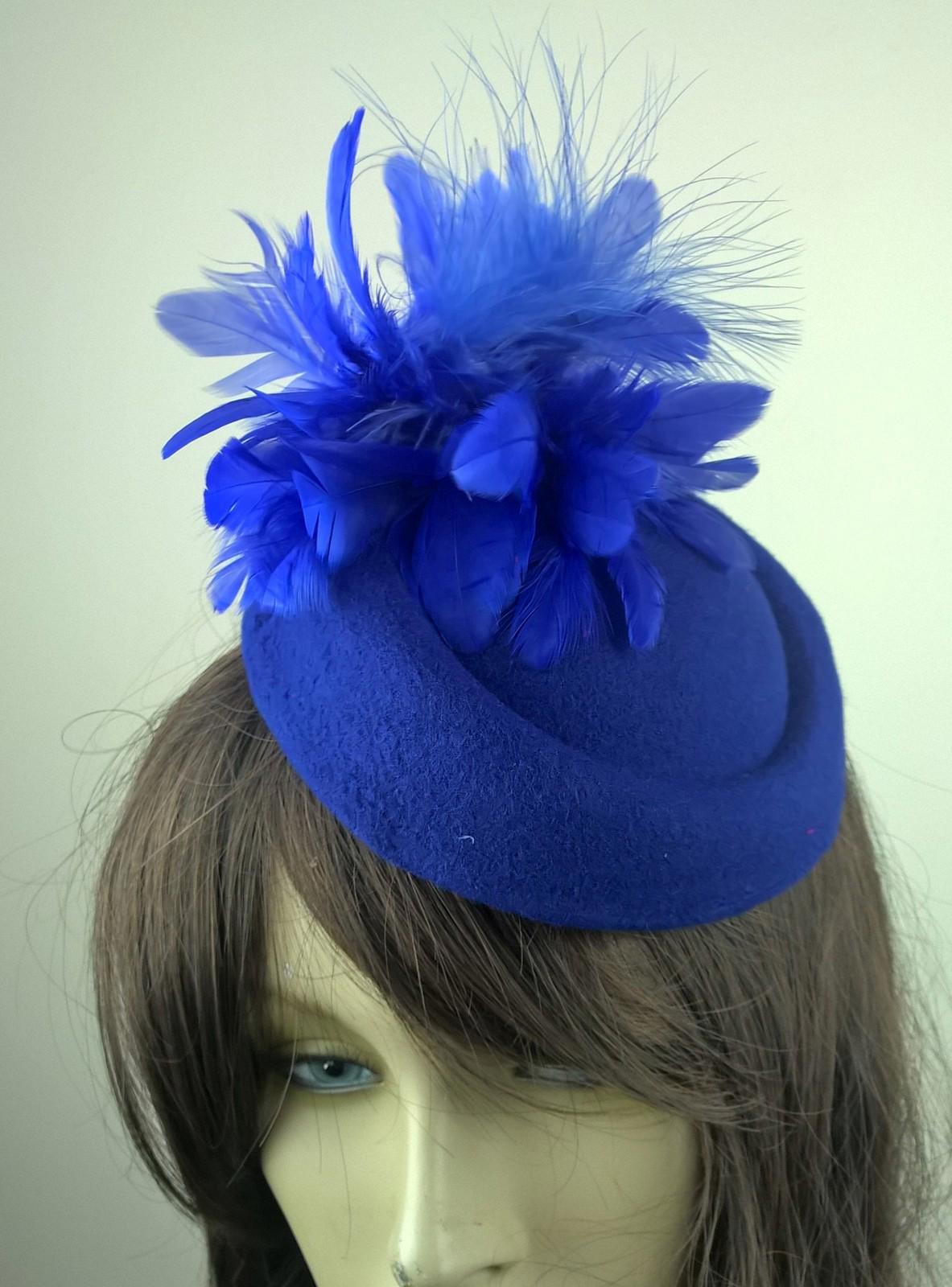blue felt pillbox hat feather flower fascinator wedding bridal race vintage 1