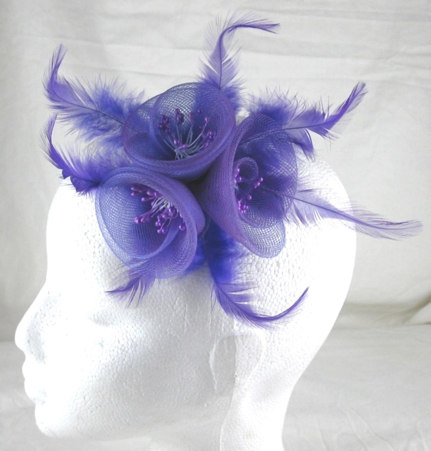 purple fascinator millinery feather brooch clip wedding bridal hair piece ascot