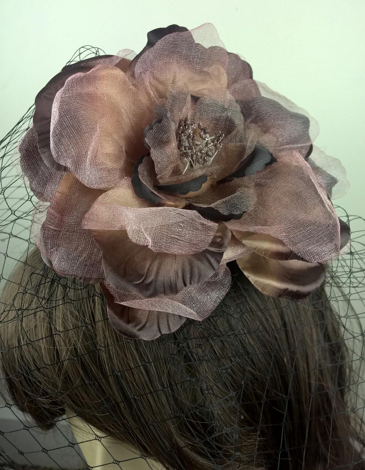 brown satin flower black veiling fascinator hair clip ascot wedding bridal 1