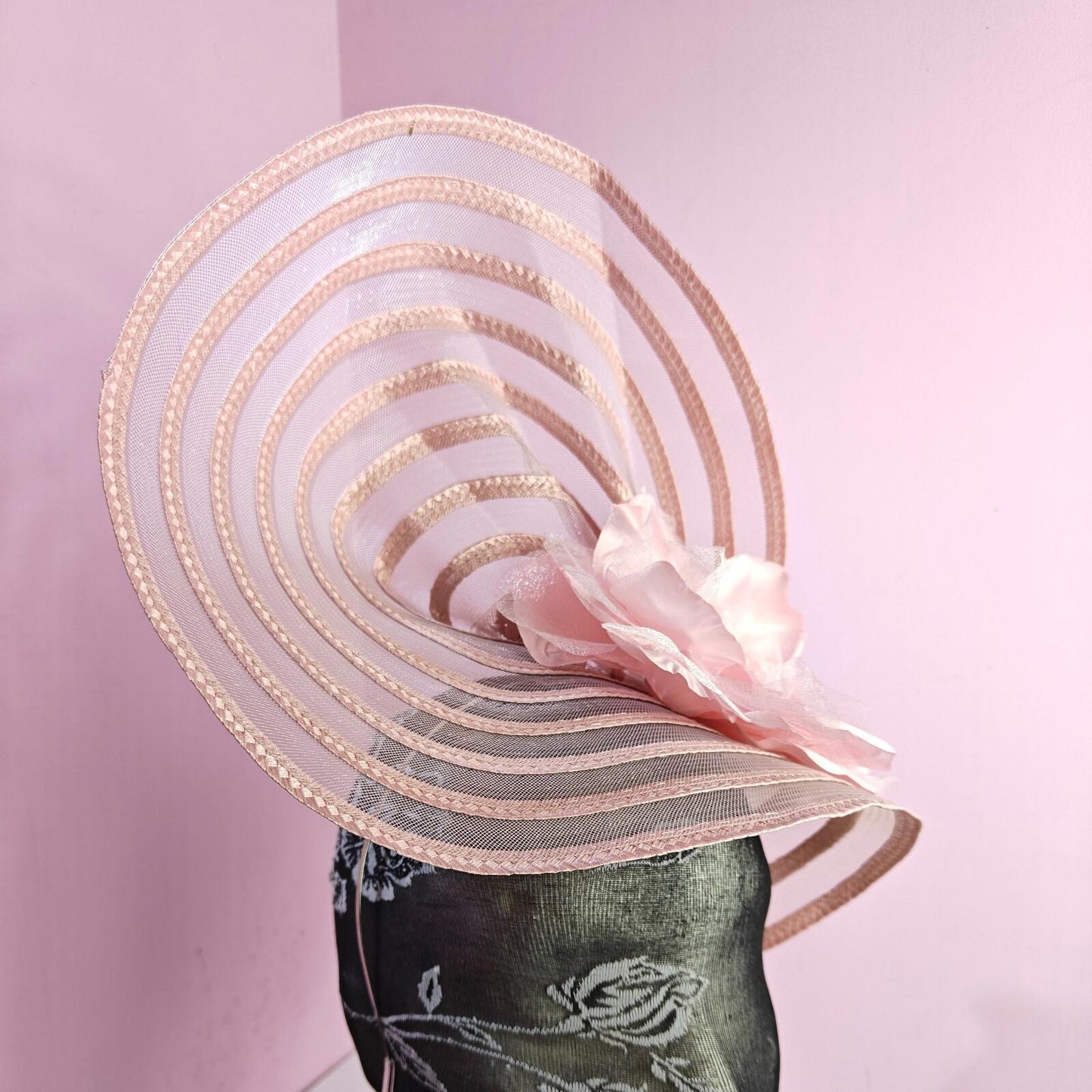 light pink flower fascinator millinery wedding hat Kentucky Derby Royal Ascot