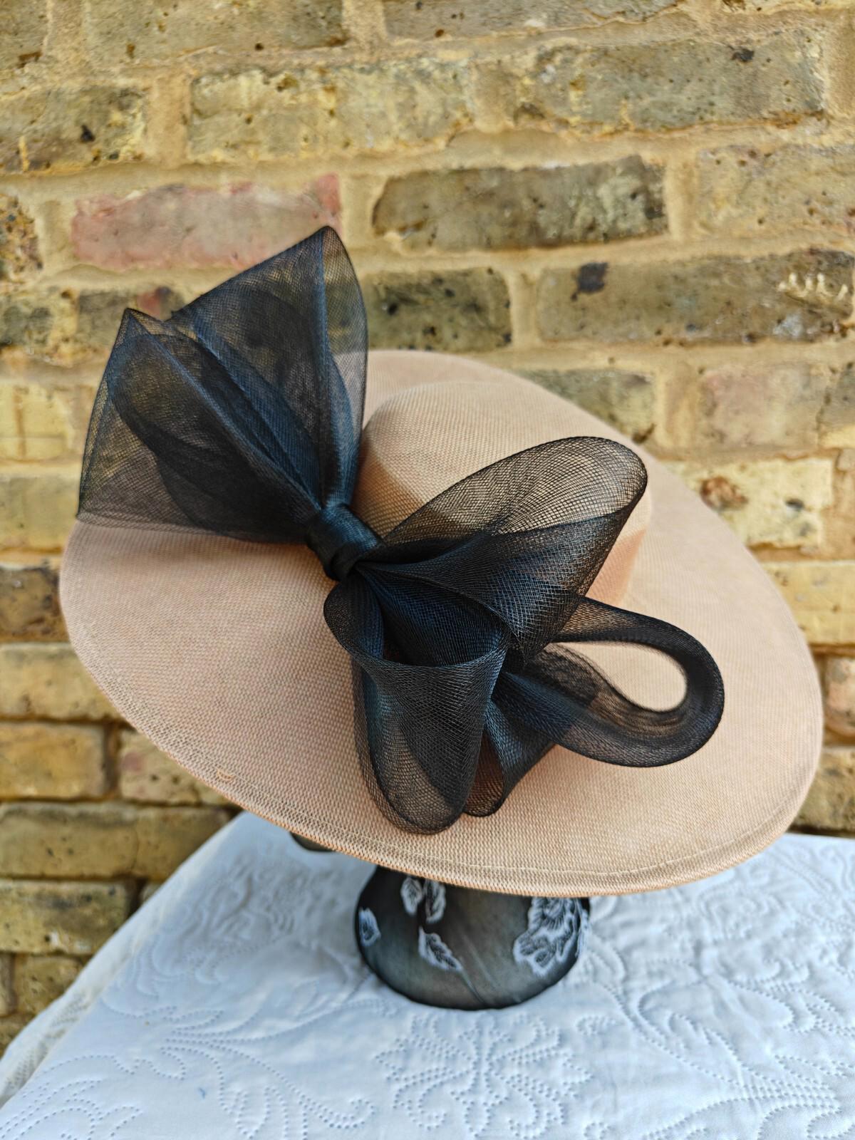 beige black large fascinator wedding hat  Kentucky Derby Royal Ascot bow