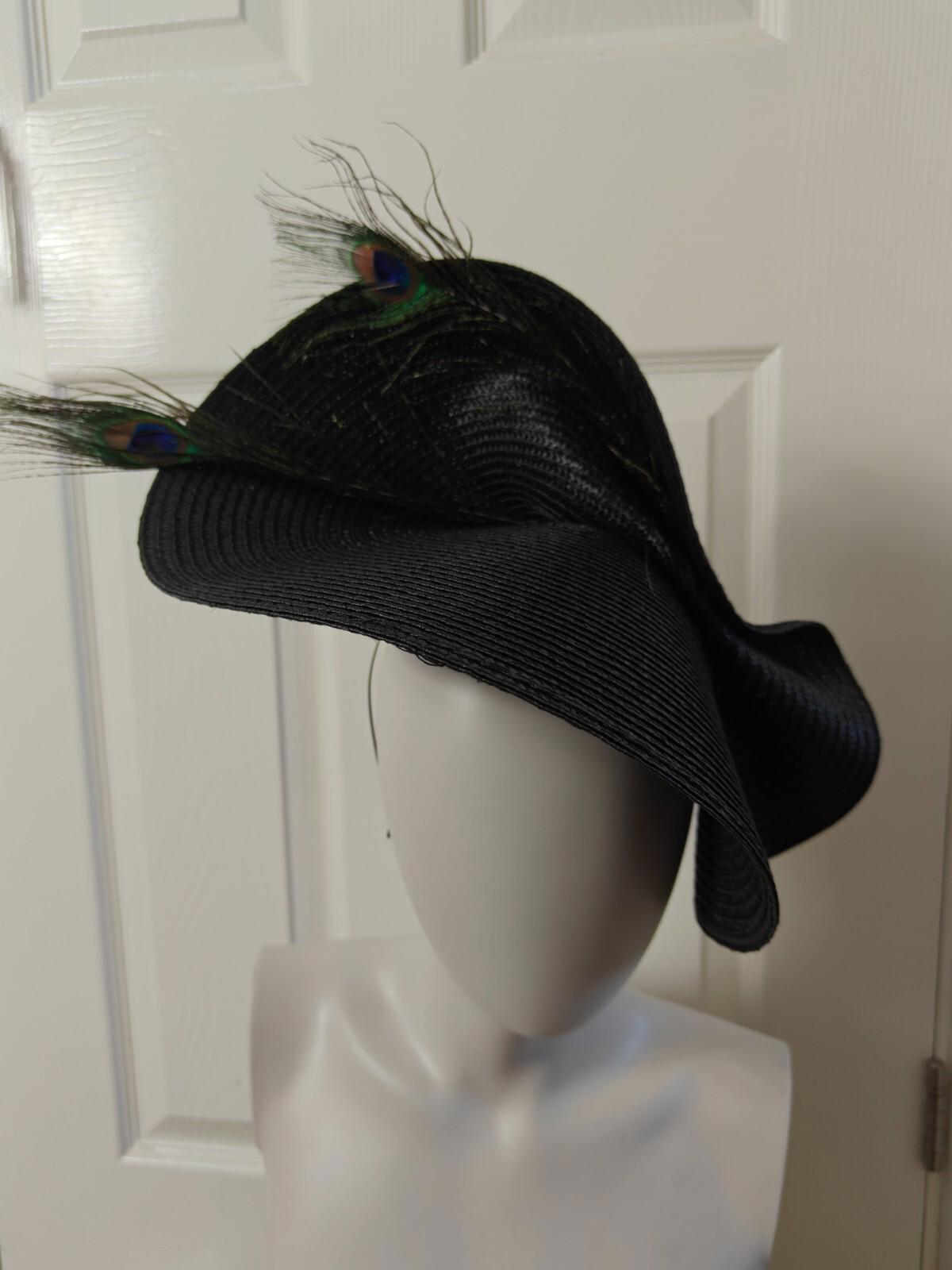 black large straw fascinator peacock feather millinery headband wedding hat