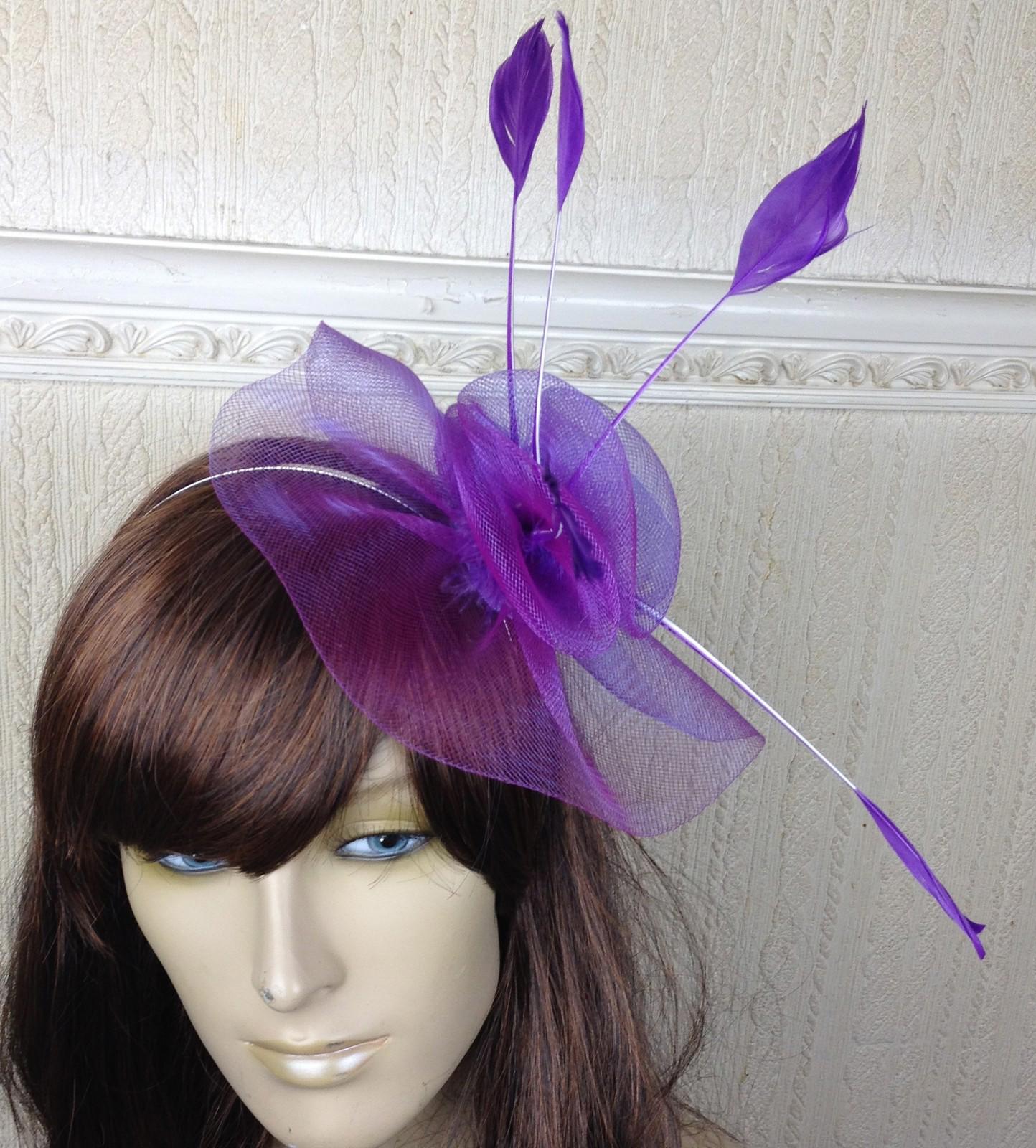 purple netting feather hair headband fascinator millinery wedding hat ascot 1