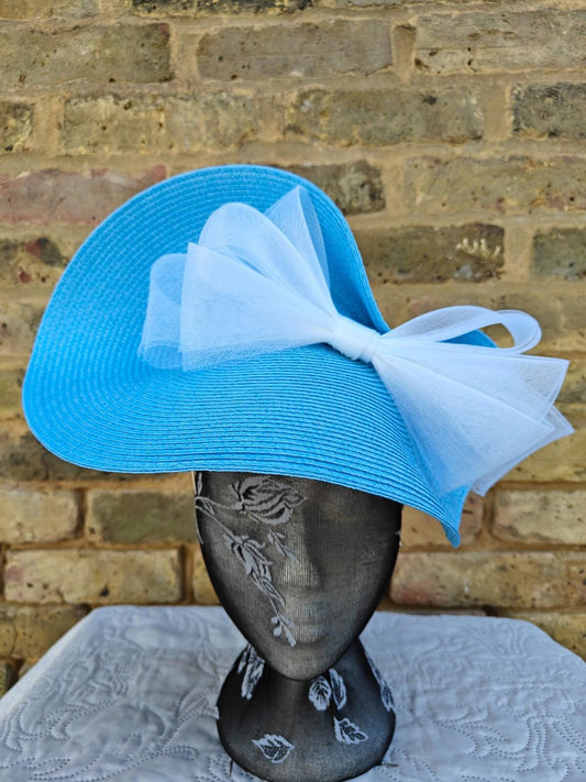 light blue white large straw fascinator millinery headband wedding hat ascot