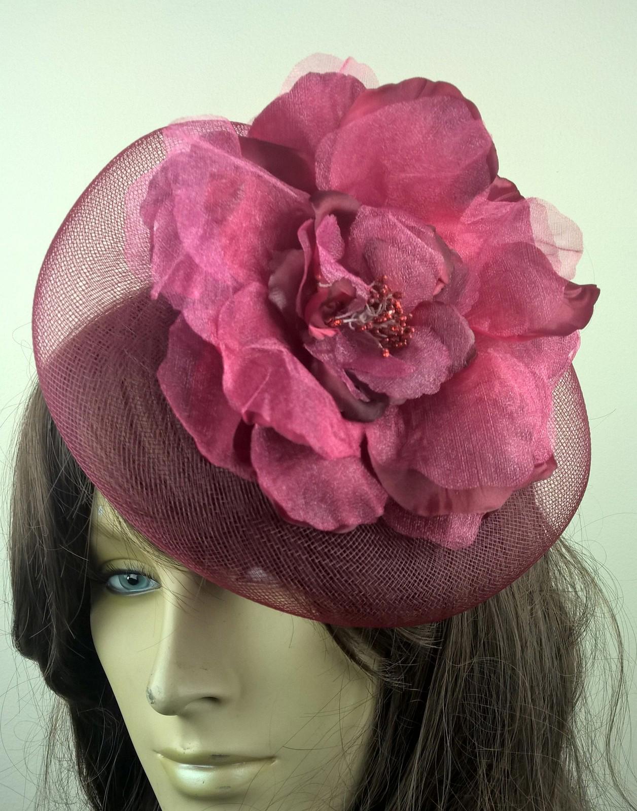 dark red satin flower fascinator millinery burlesque wedding hat bridal race