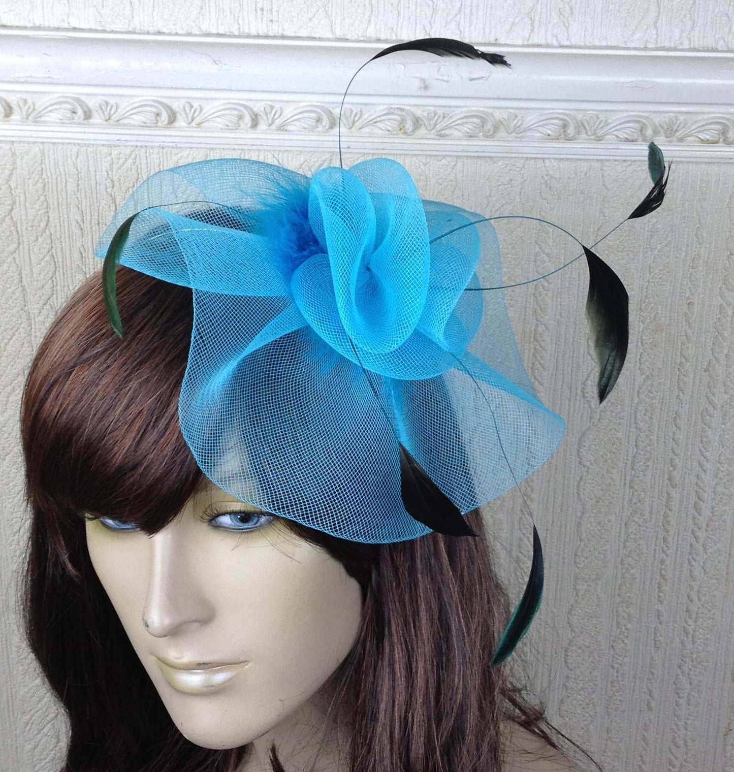 turquoise teal feather hair headband fascinator millinery wedding hat ascot