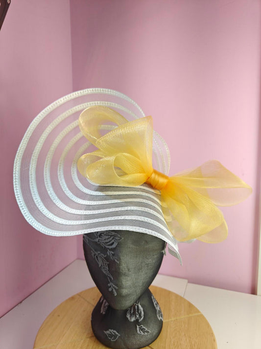 white gold bow fascinator millinery wedding hat Kentucky Derby Royal Ascot