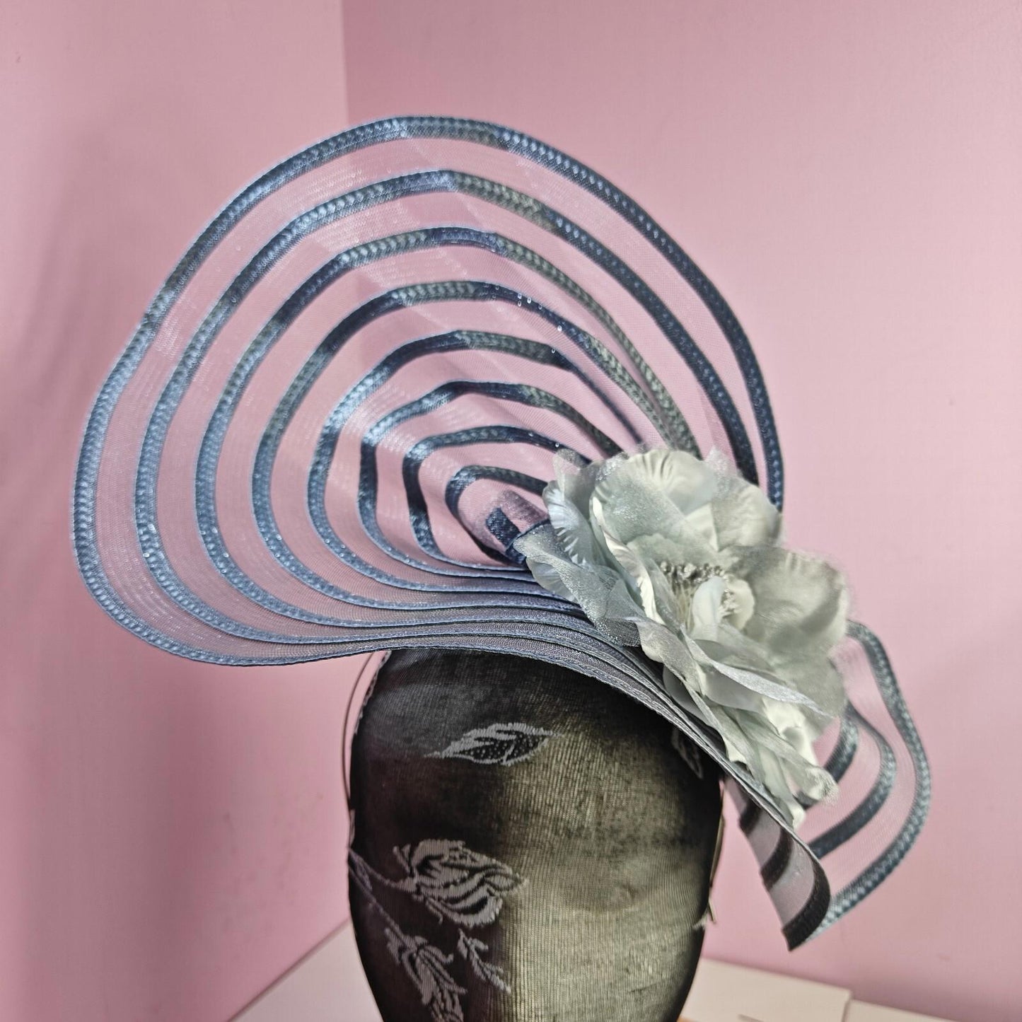 grey flower fascinator millinery wedding hat Kentucky Derby Royal Ascot
