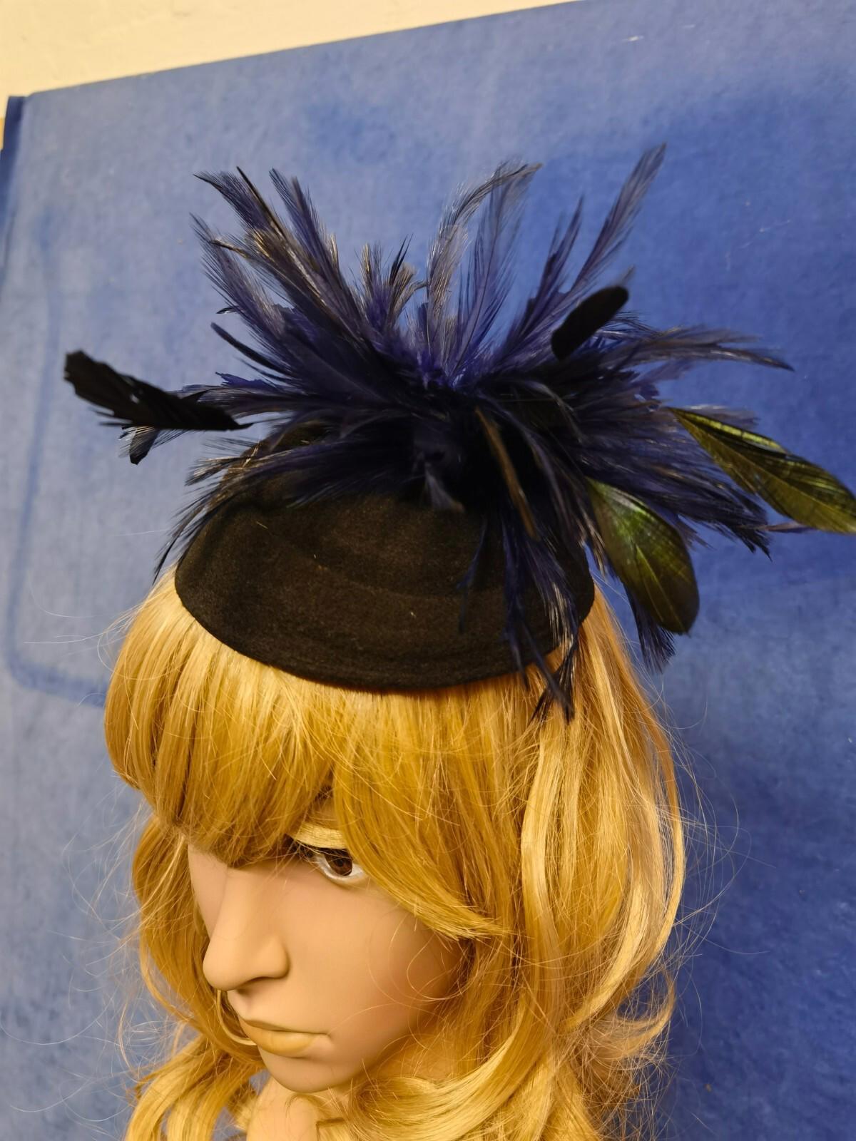 Navy black feather flower felt mini pill box hat veiling veil fascinator