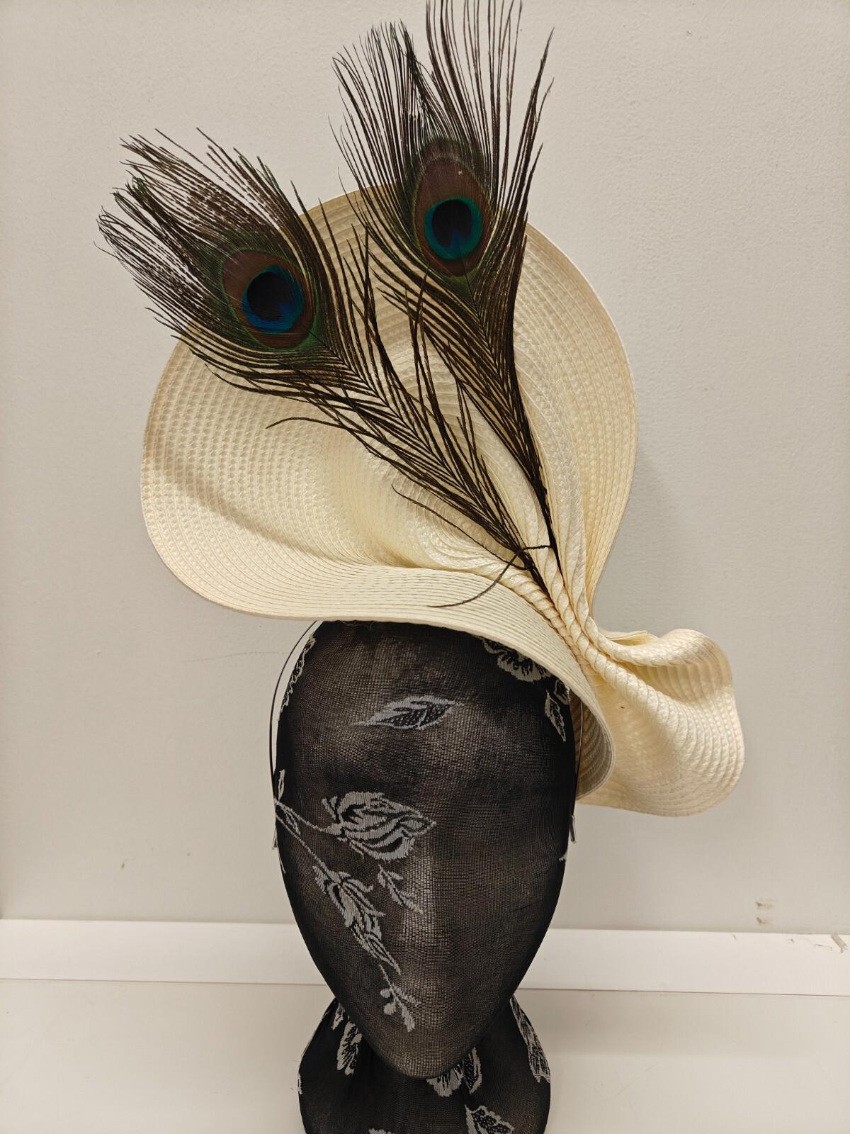 ivory large straw fascinator peacock feather millinery headband wedding hat
