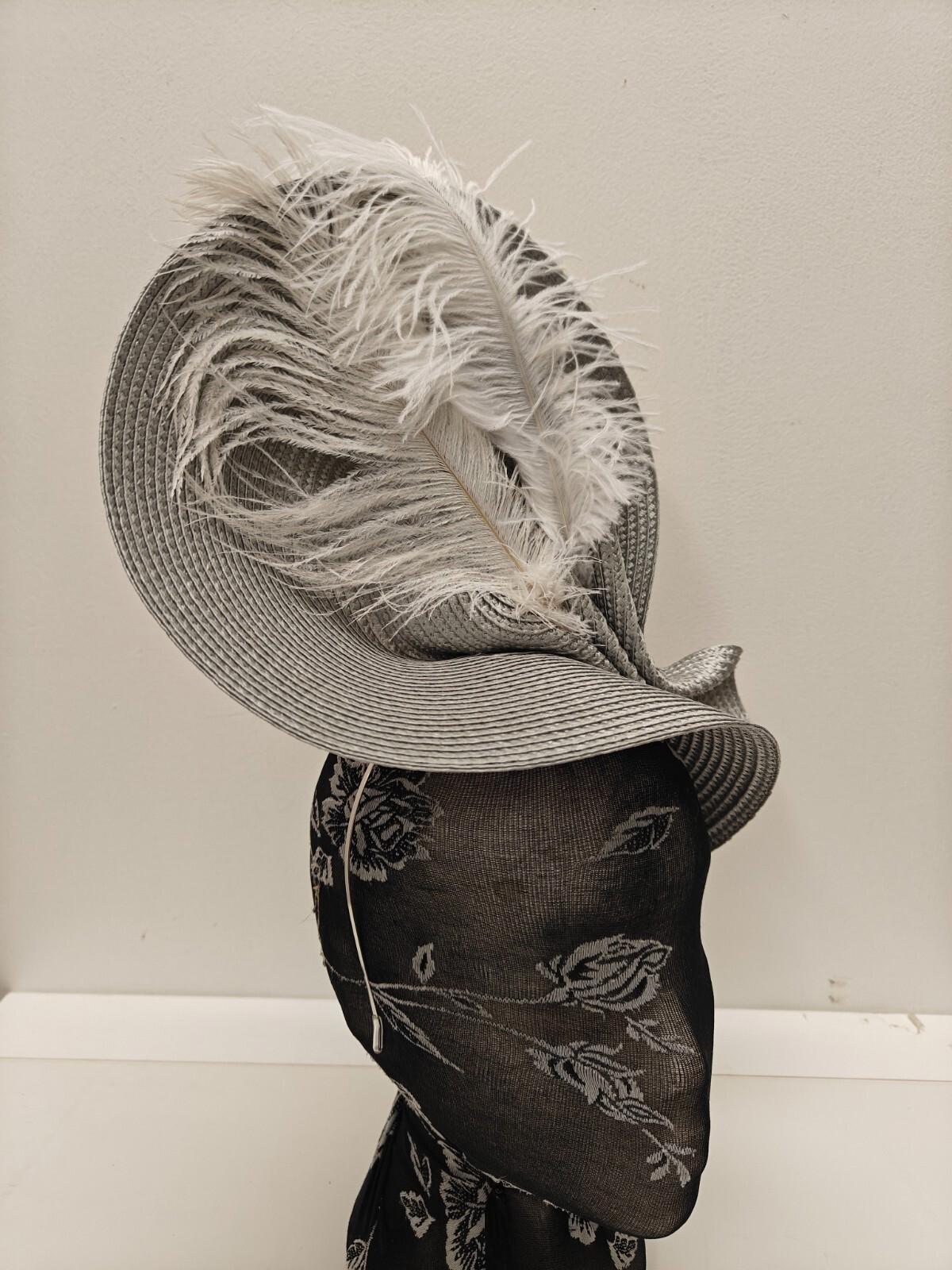 grey white large straw fascinator ostrich feather millinery headband wedding hat