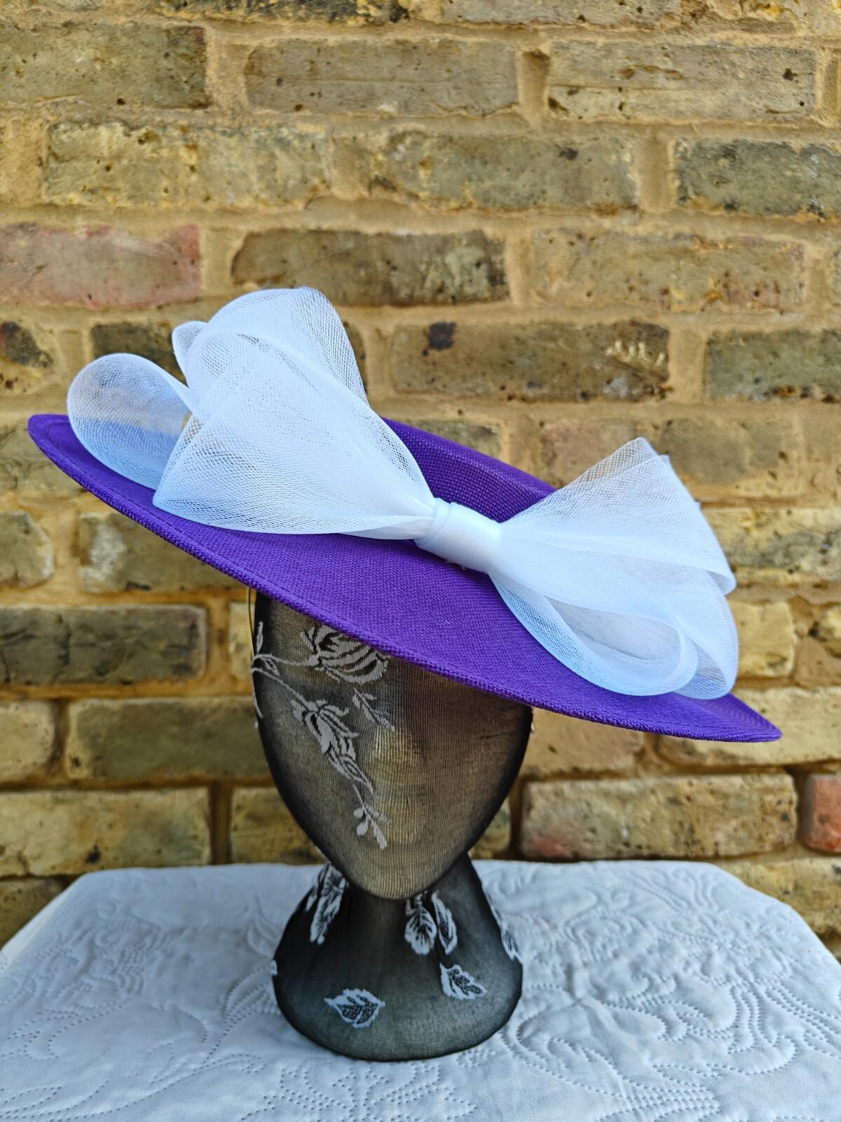 purple white large fascinator wedding hat  Kentucky Derby Royal Ascot bow