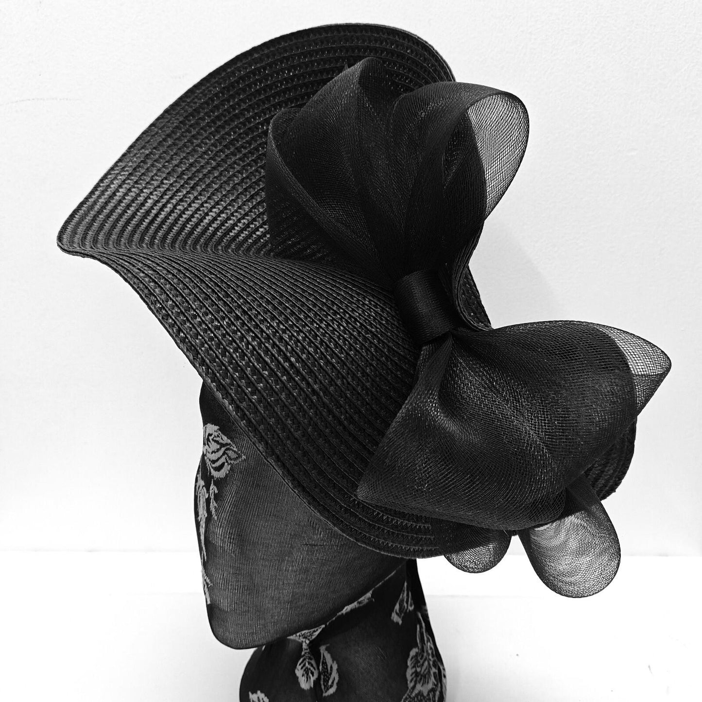 black large straw fascinator millinery burlesque headband wedding hat bow