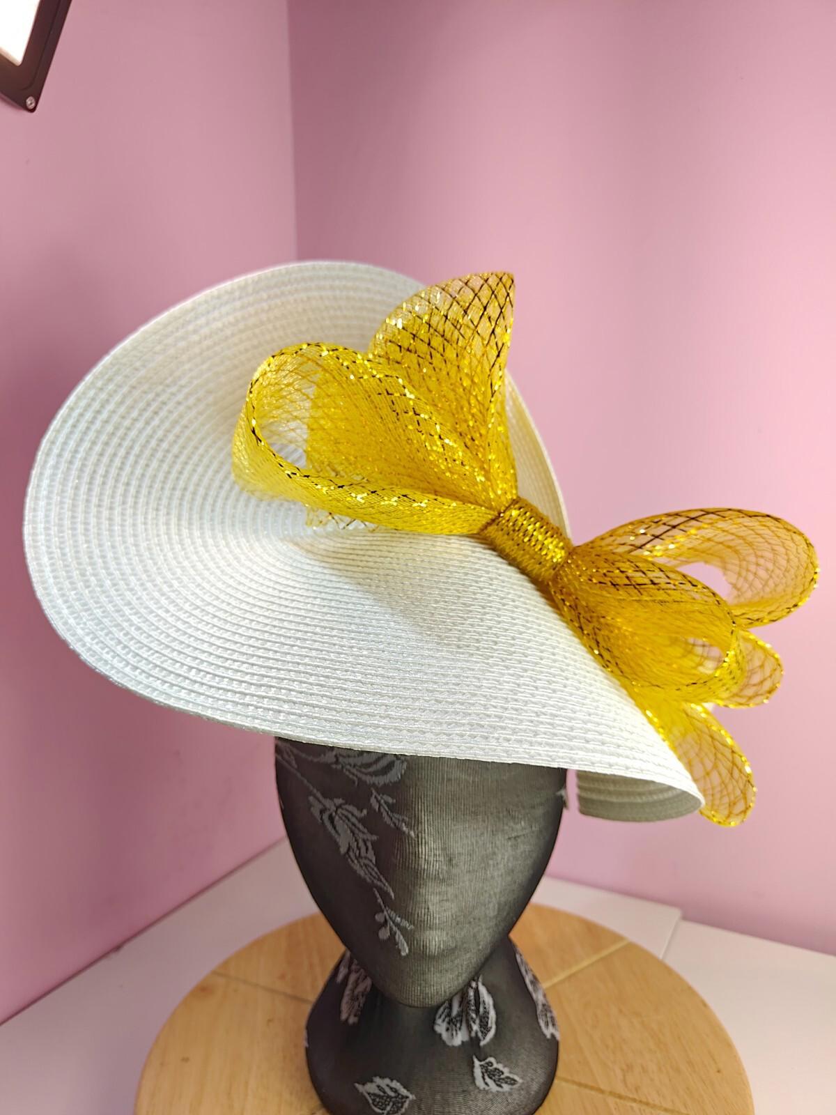 white gold large straw fascinator wedding hat Kentucky Derby Royal Ascot