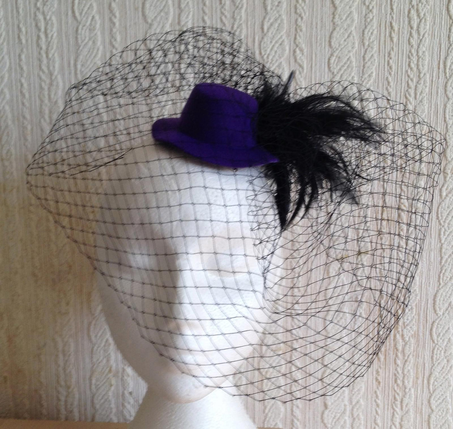 black veiling feather purple mini top hat fascinator millinery wedding party