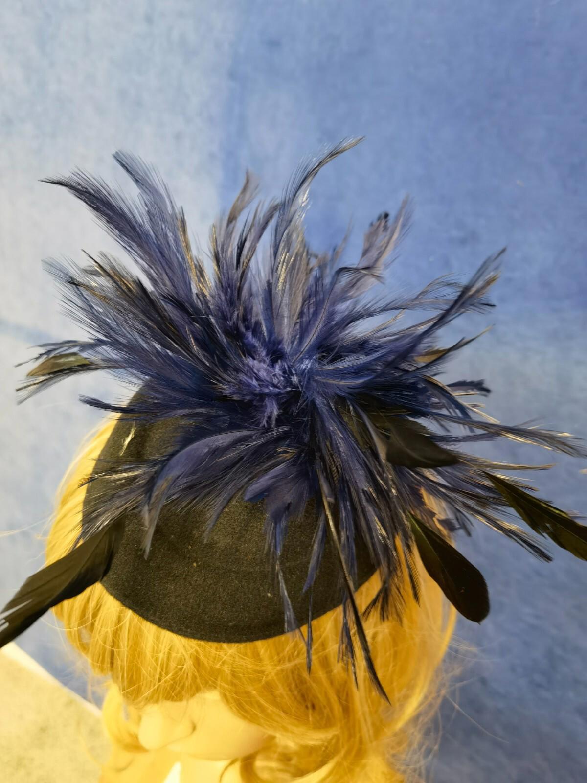 Navy black feather flower felt mini pill box hat veiling veil fascinator