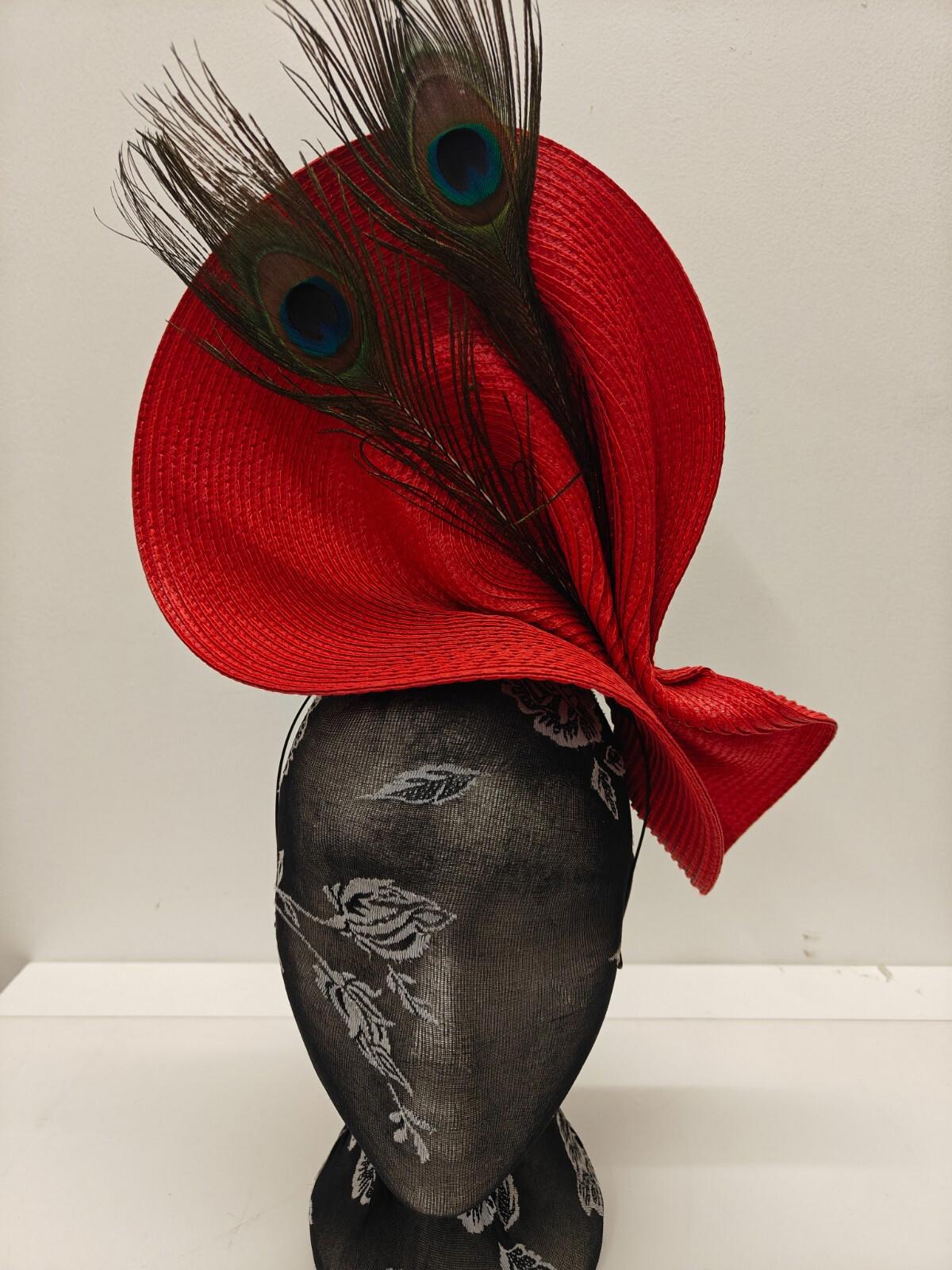 red large straw fascinator peacock feather millinery headband wedding hat