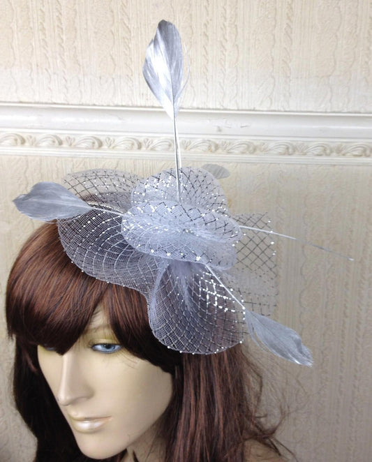 silver netting feather hair headband fascinator millinery wedding hat ascot race