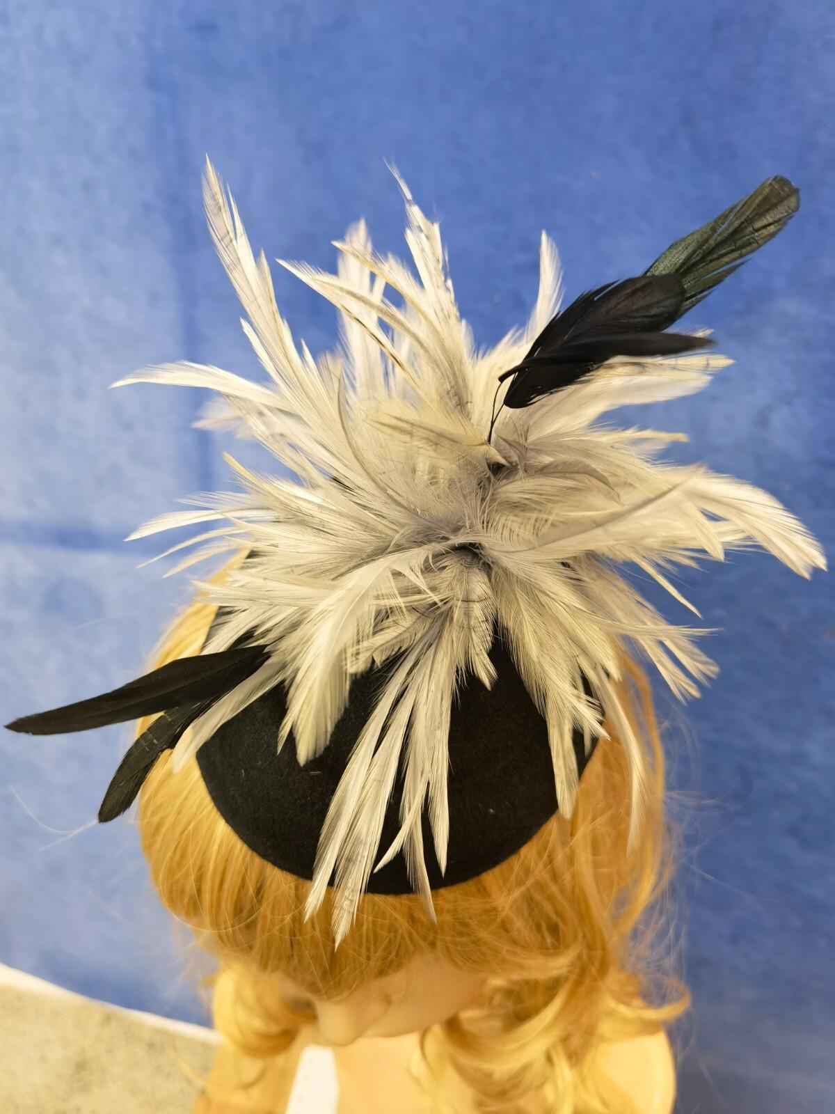 Grey black feather flower felt mini pill box hat veiling veil fascinator