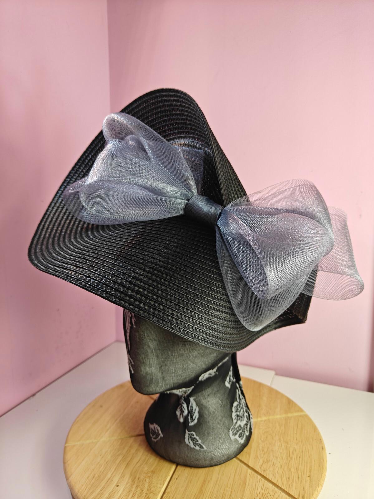 black grey large straw fascinator wedding hat Kentucky Derby Royal Ascot