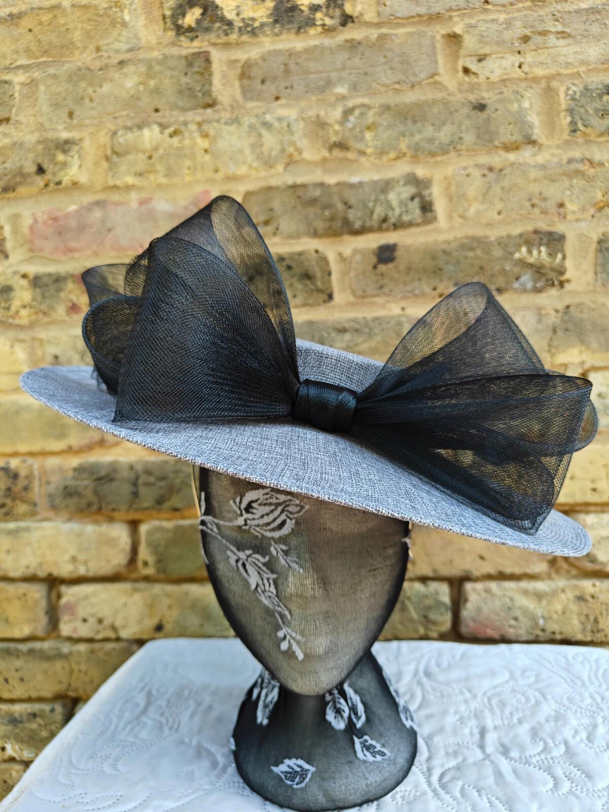 grey black large fascinator wedding hat  Kentucky Derby Royal Ascot bow