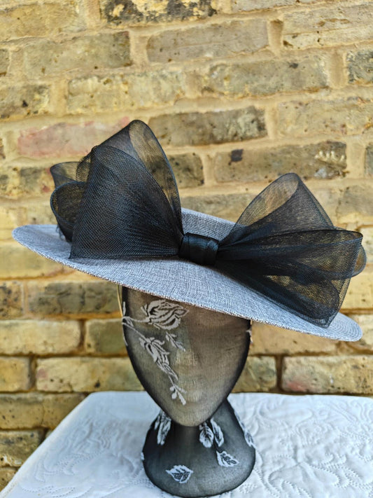 grey black large fascinator wedding hat  Kentucky Derby Royal Ascot bow