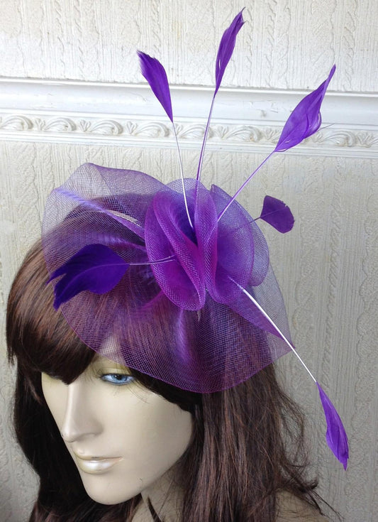 purple netting feather hair headband fascinator millinery wedding hat ascot 1