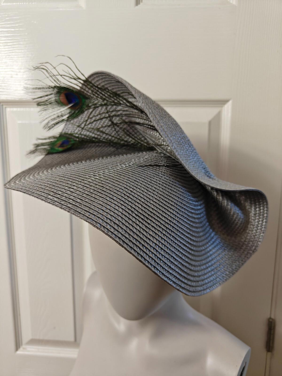 grey large straw fascinator peacock feather millinery headband wedding hat