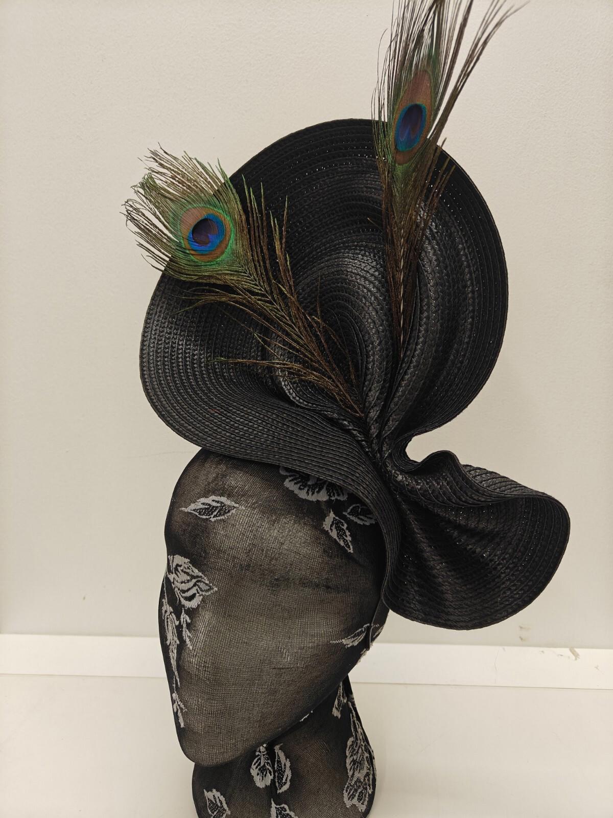 black large straw fascinator peacock feather millinery headband wedding hat