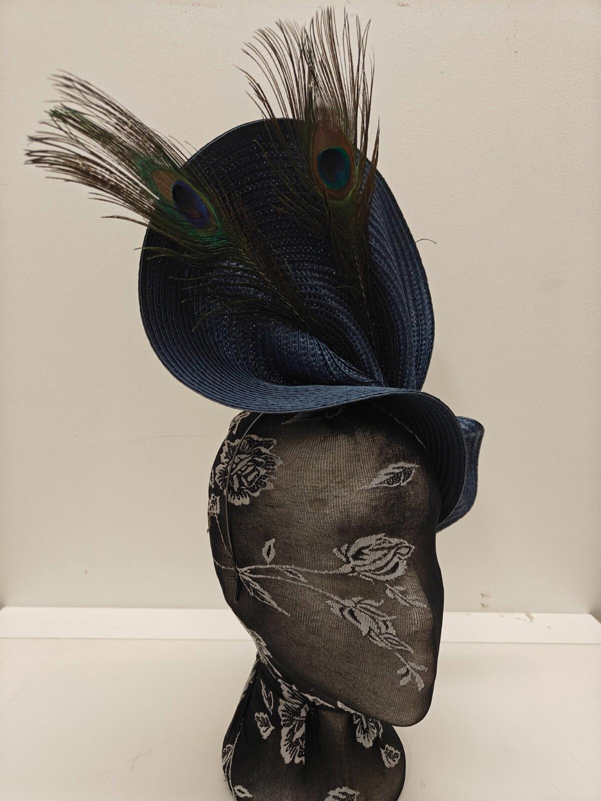 navy blue large straw fascinator peacock feather millinery headband wedding hat