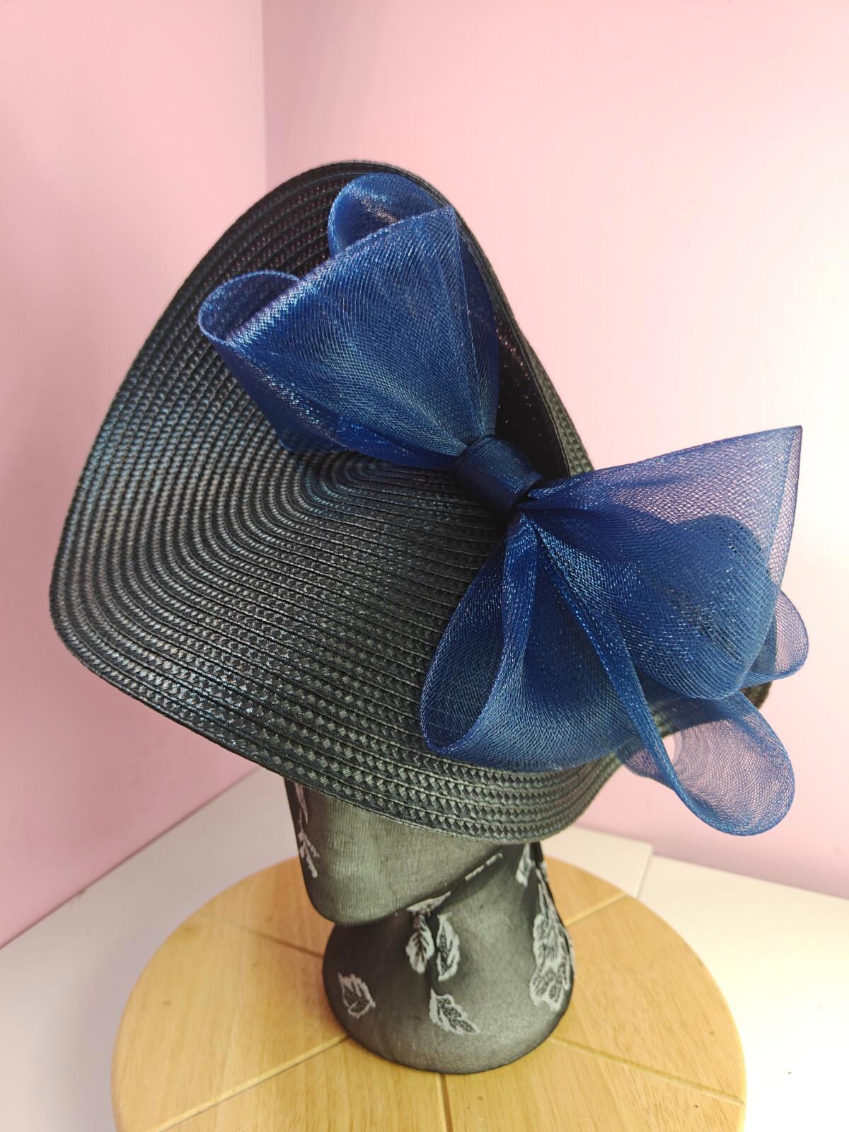 black navy large straw fascinator wedding hat Kentucky Derby Royal Ascot