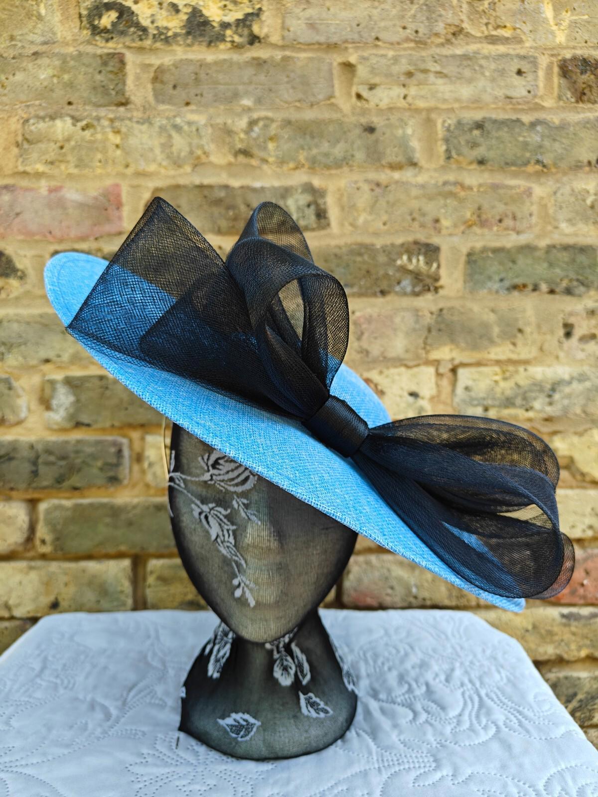 blue black large fascinator wedding hat  Kentucky Derby Royal Ascot bow