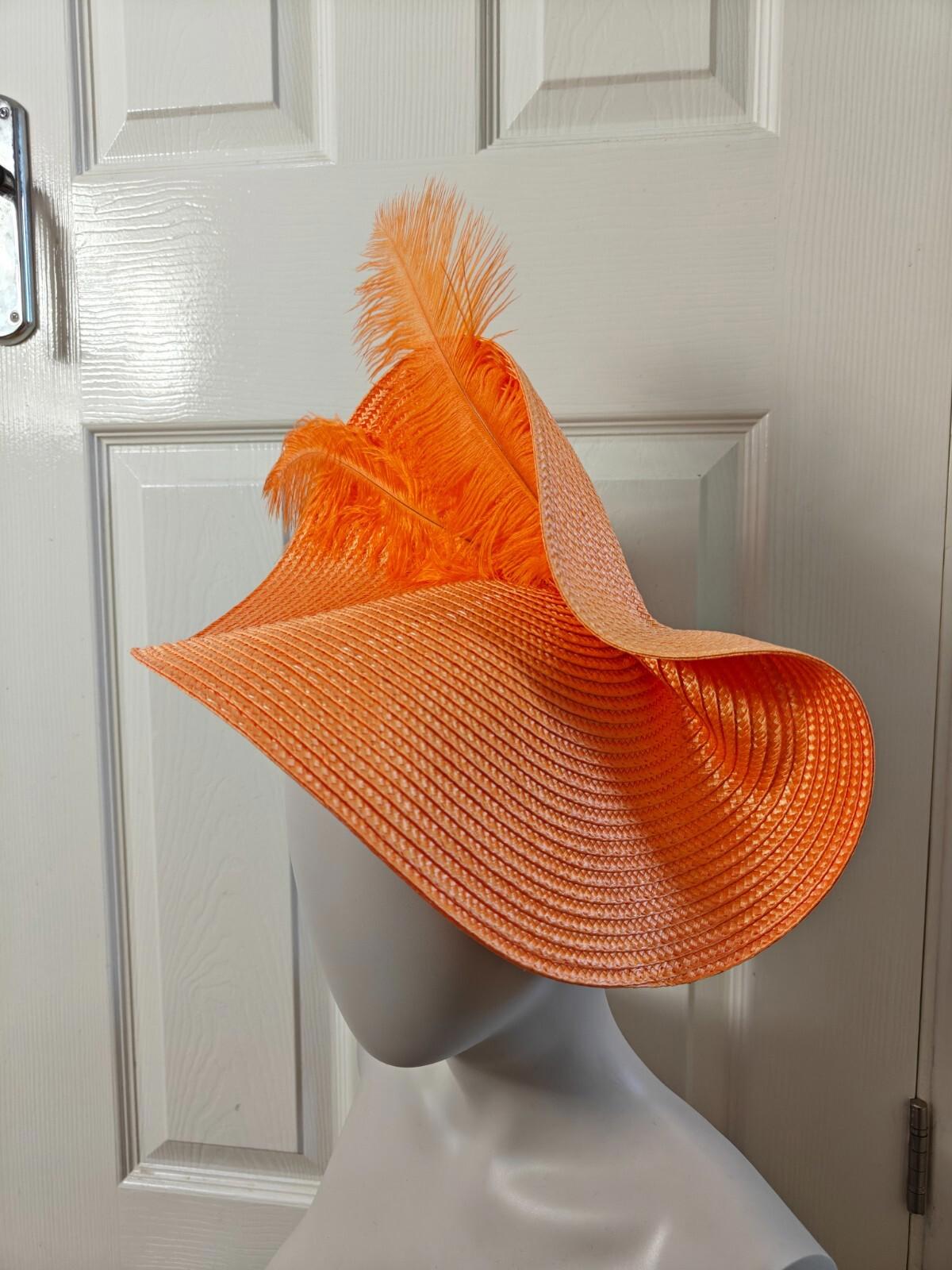 orange large straw fascinator ostrich feather millinery headband wedding hat