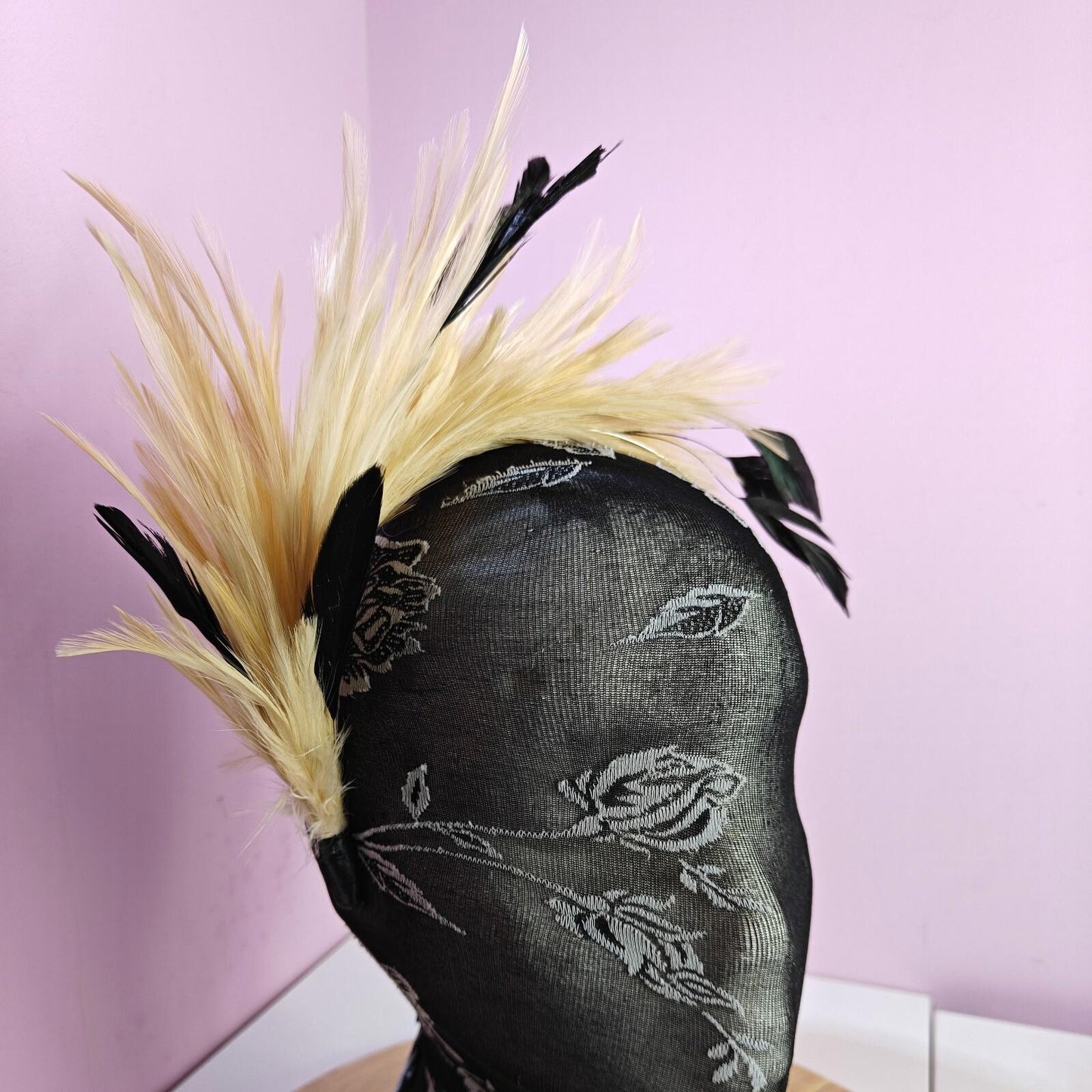 nude cream peach black feather headband fascinator millinery wedding
