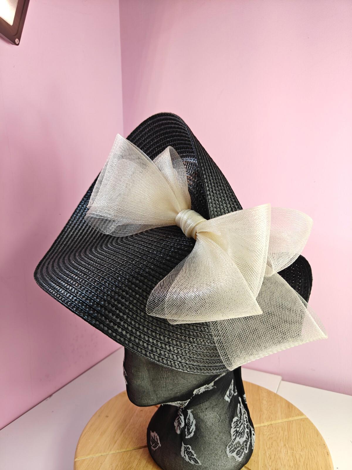 black cream large straw fascinator wedding hat Kentucky Derby Royal Ascot