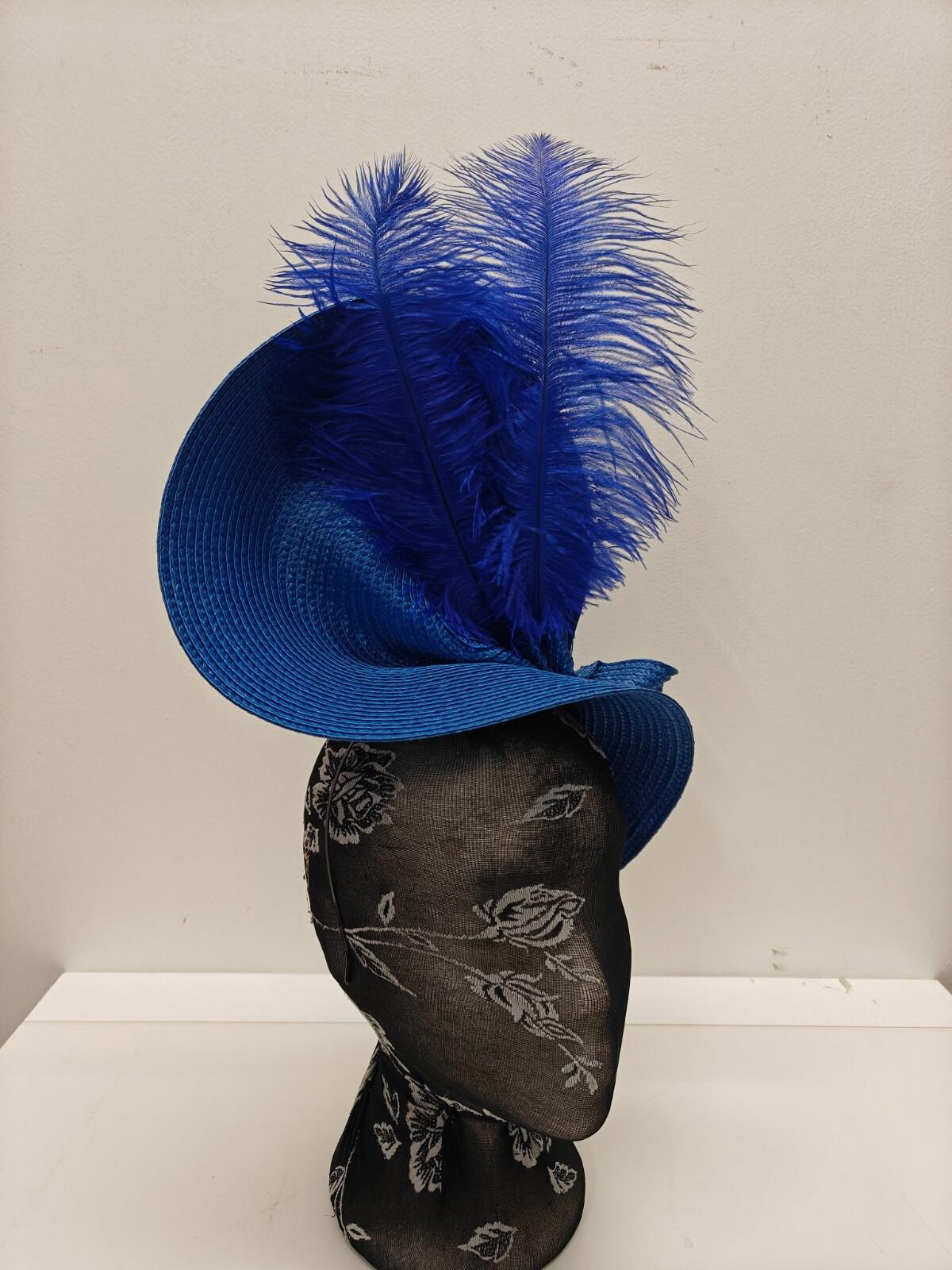 blue large straw fascinator ostrich feather millinery headband wedding hat