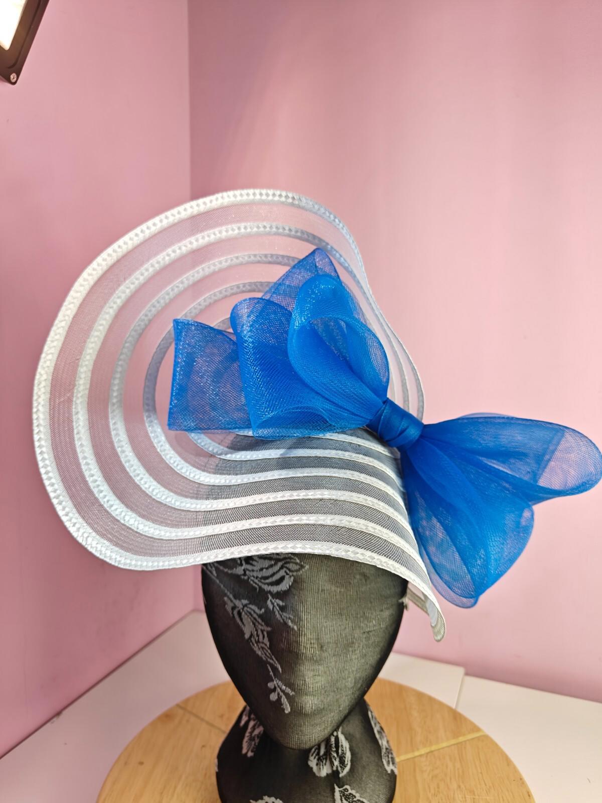 white blue bow fascinator millinery wedding hat Kentucky Derby Royal Ascot