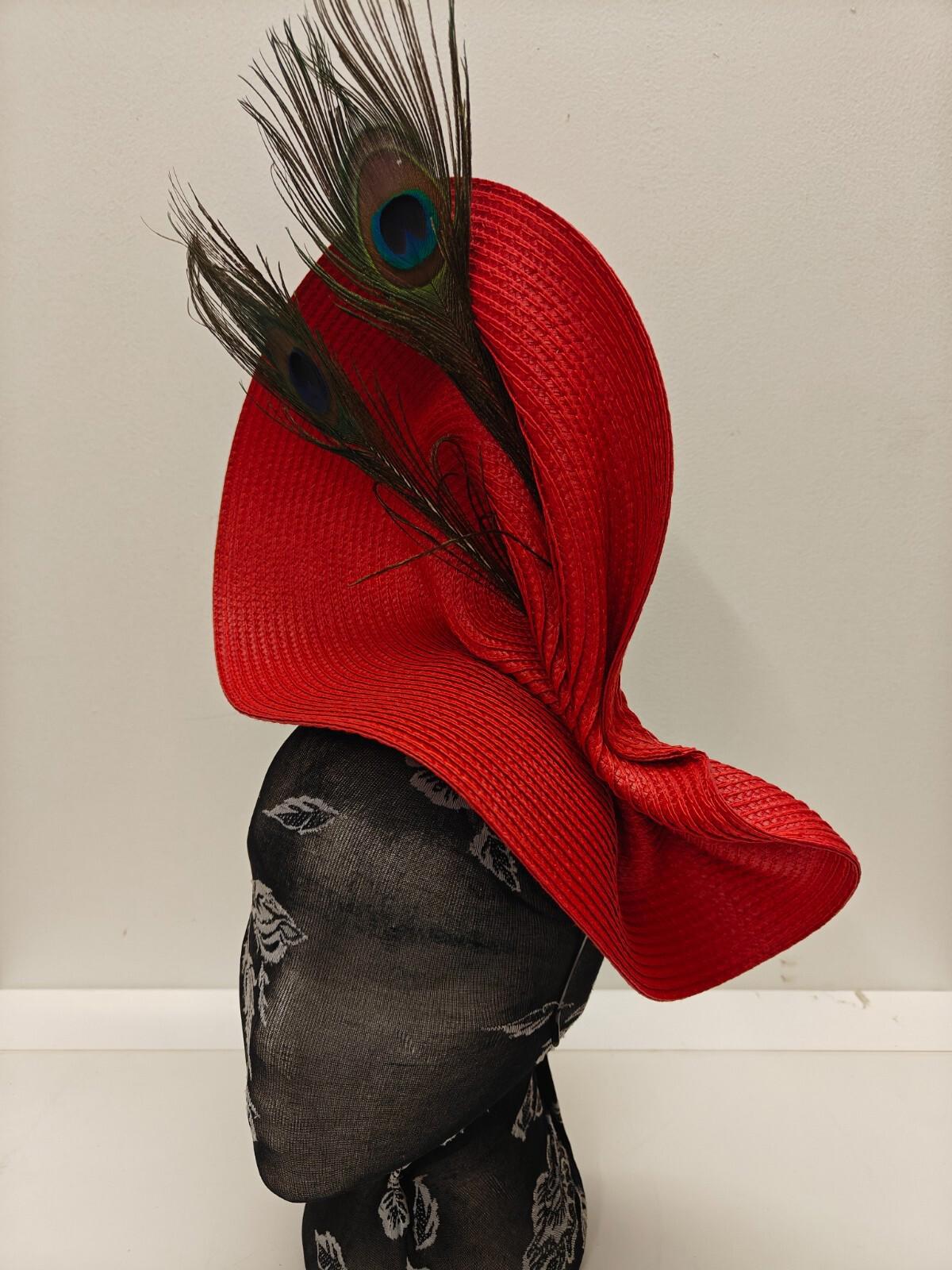 red large straw fascinator peacock feather millinery headband wedding hat