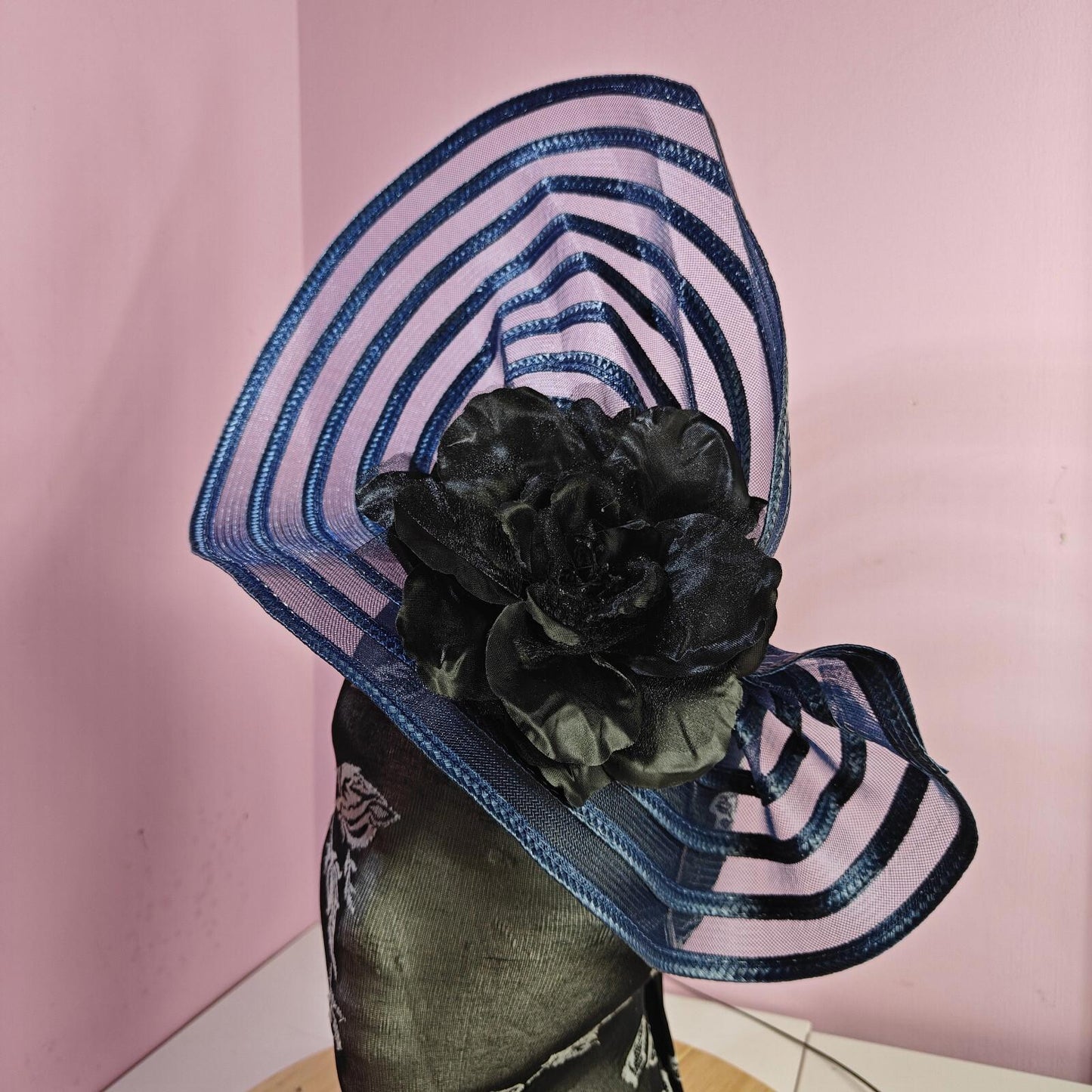navy black flower fascinator millinery wedding hat Kentucky Derby Royal Ascot