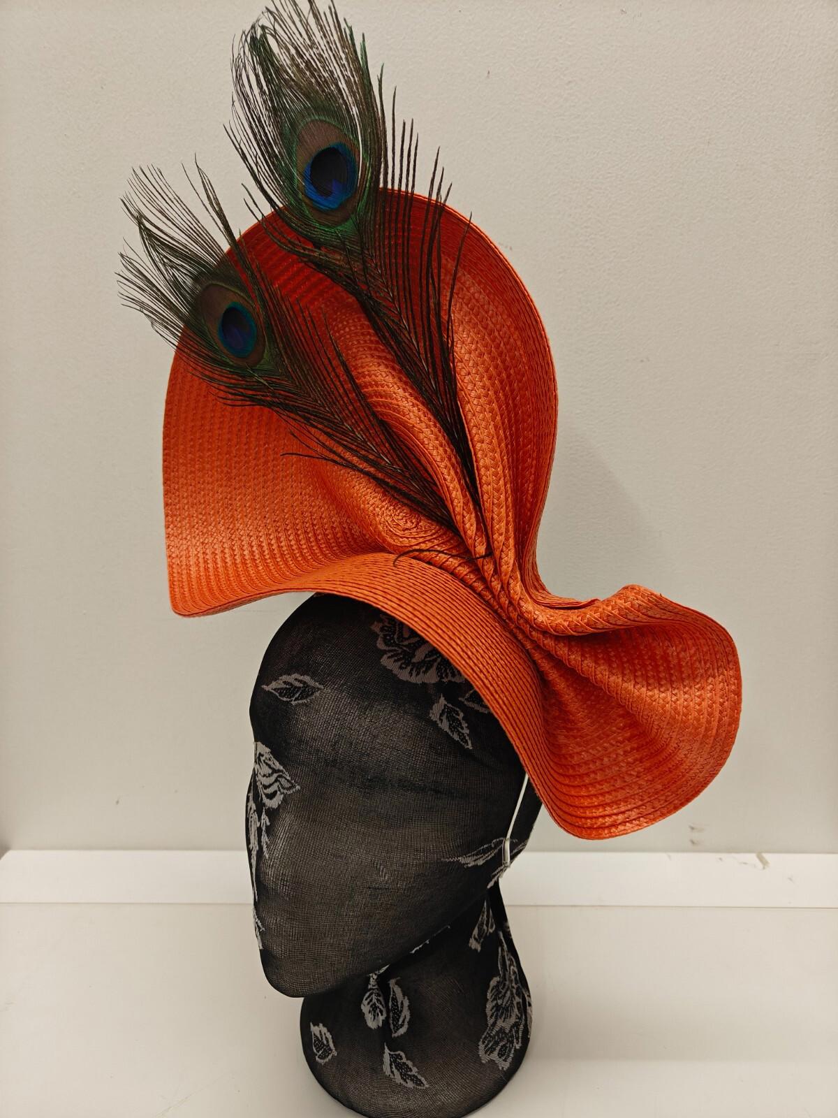 orange large straw fascinator peacock feather millinery headband wedding hat