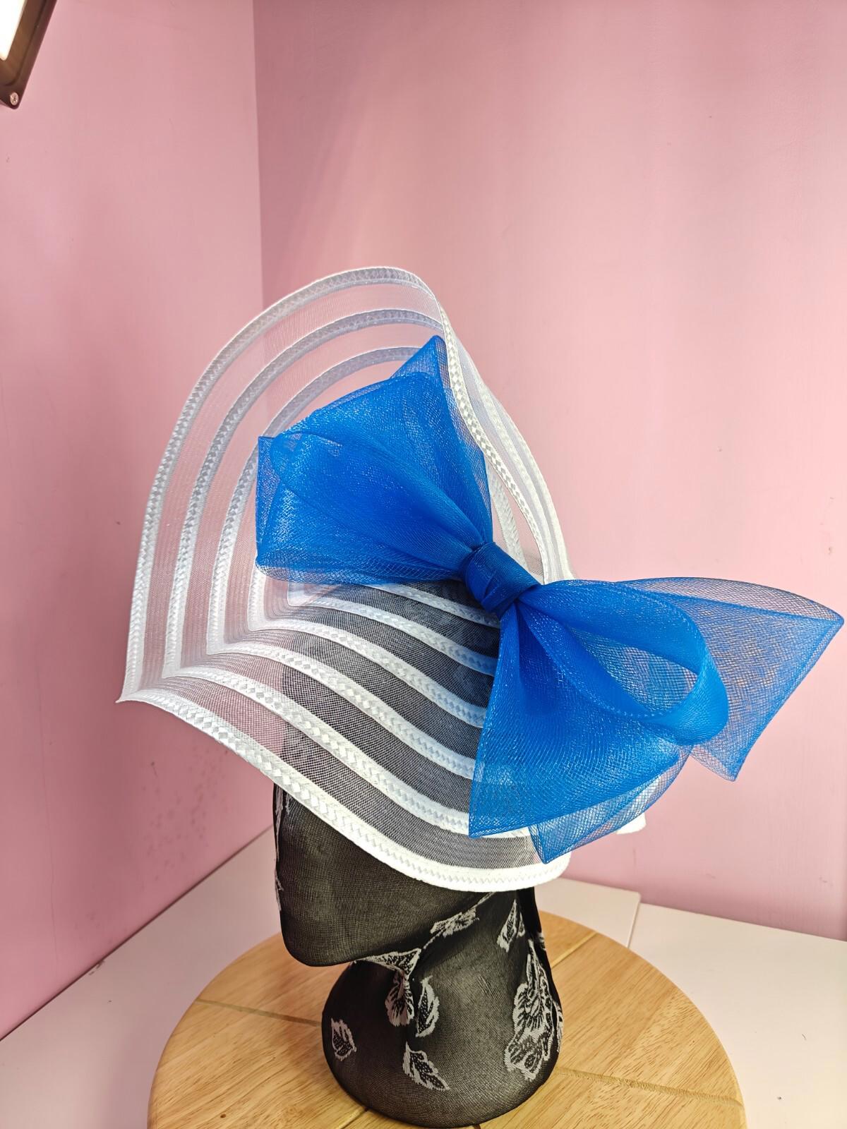 white blue bow fascinator millinery wedding hat Kentucky Derby Royal Ascot