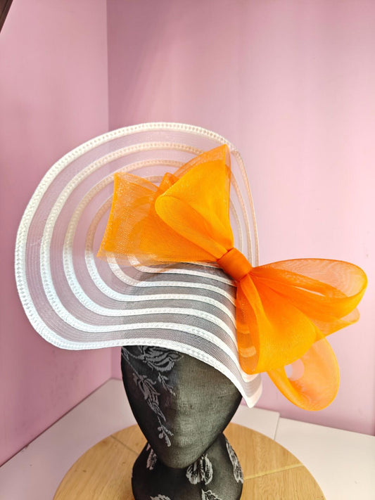 white orange bow fascinator millinery wedding hat Kentucky Derby Royal Ascot