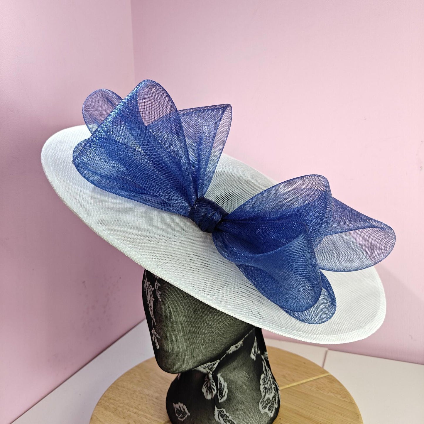 white blue large fascinator wedding hat  Kentucky Derby Royal Ascot bow