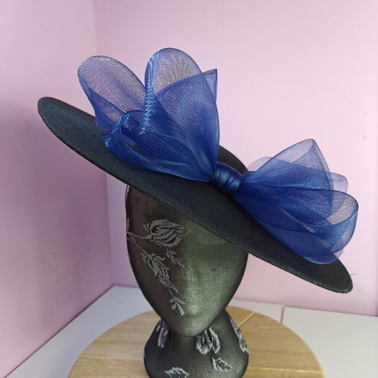 black blue large fascinator wedding hat  Kentucky Derby Royal Ascot bow