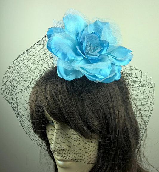blue satin flower black veiling fascinator hair clip ascot wedding bridal 1