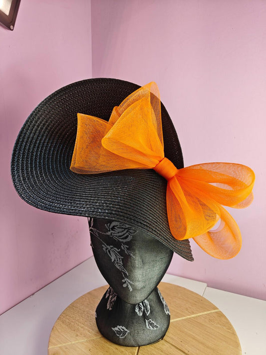 black orange large straw fascinator wedding hat Kentucky Derby Royal Ascot